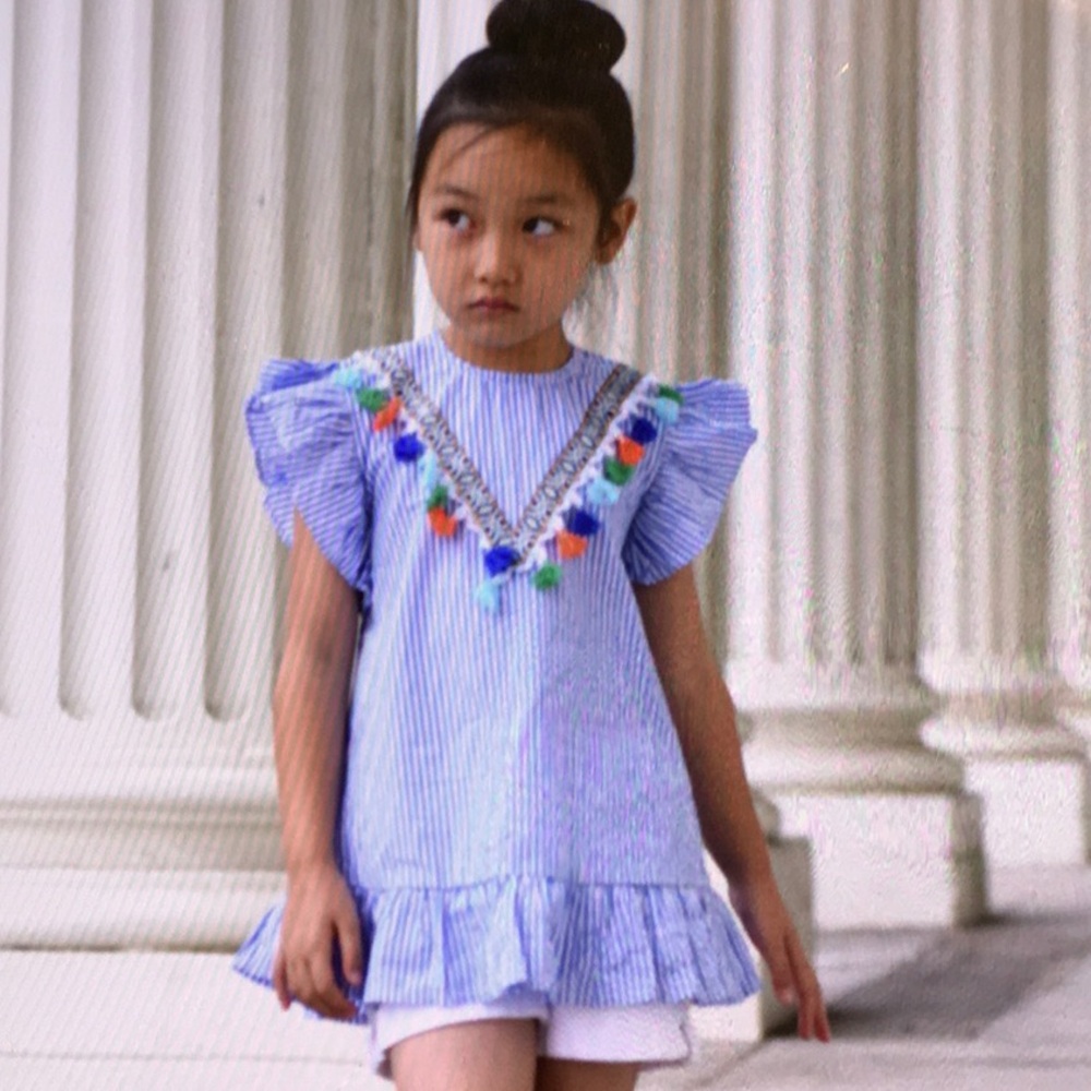 Order Plus Girl's Flutter Sleeve Dress Stripes Tassels